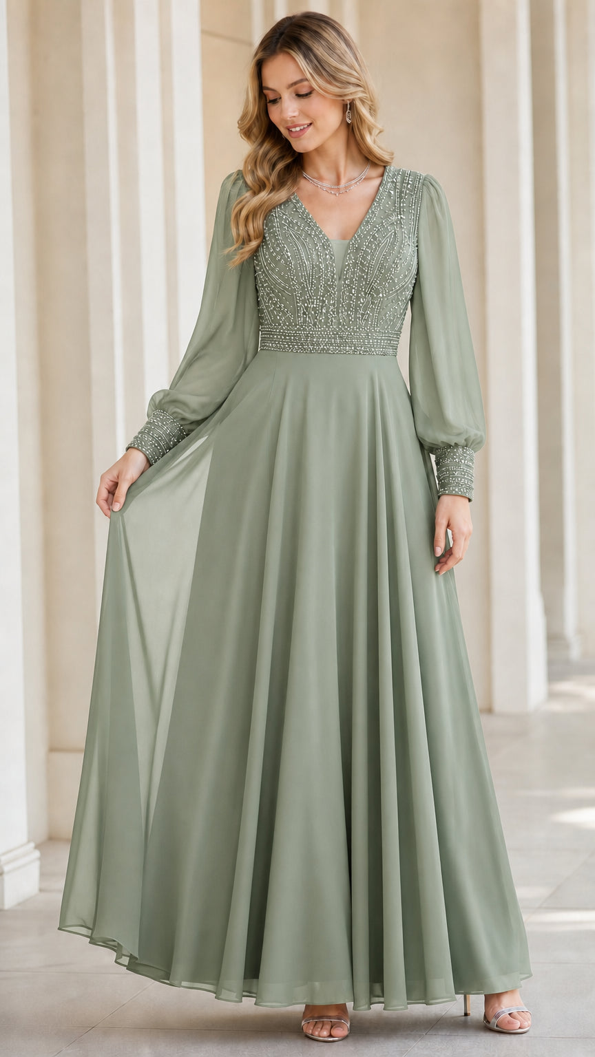 Sage green long sleeve beaded bodice chiffon maxi gown
