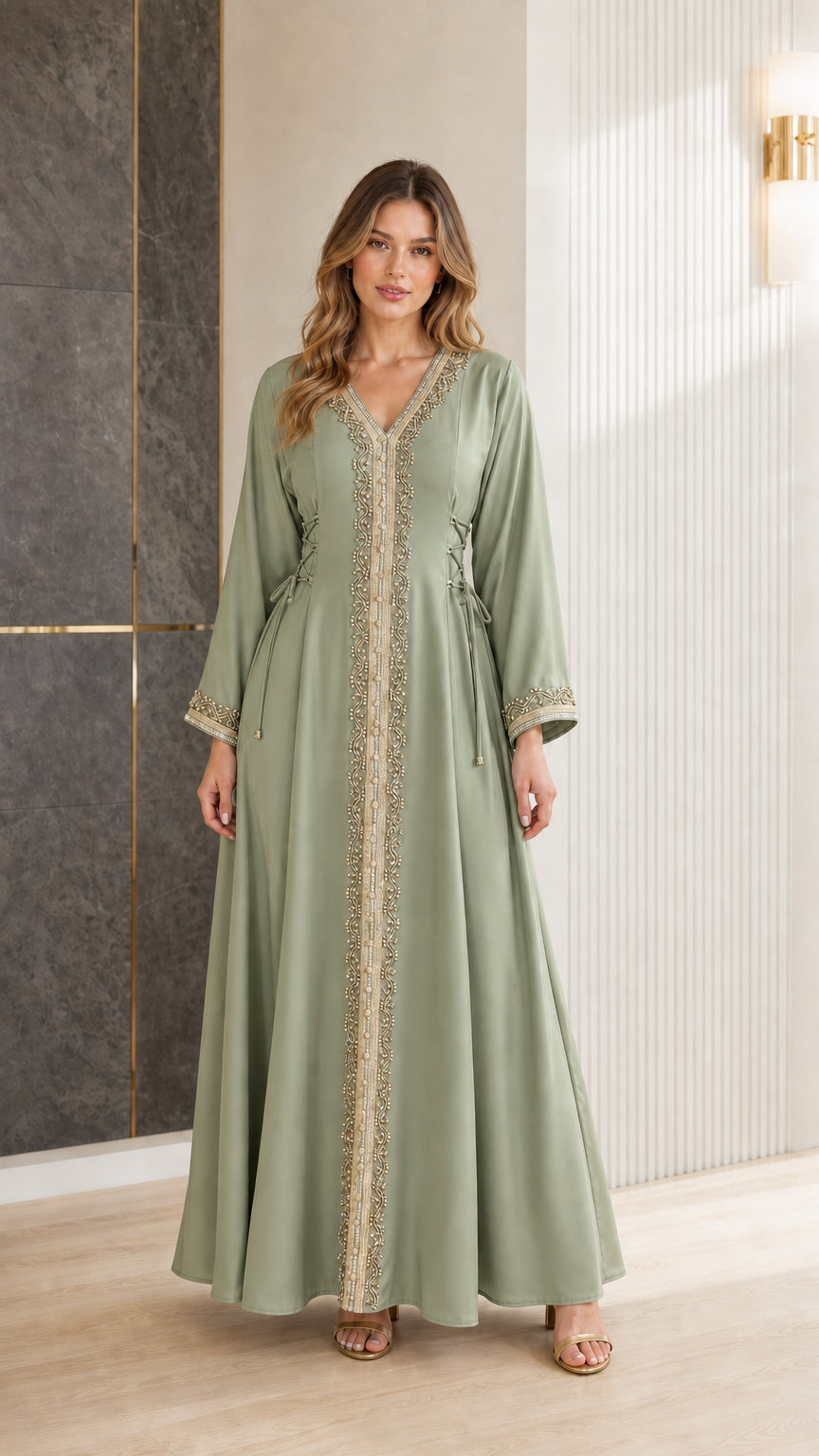 Sage green gold embroidered long sleeve abaya kaftan dress