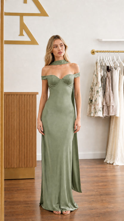 Model wearing sage green satin off-shoulder bustier maxi dress - front view