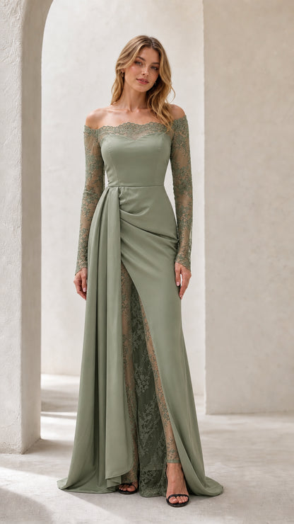 Sage Green off-the-shoulder long sleeve formal maxi gown with lace slit
