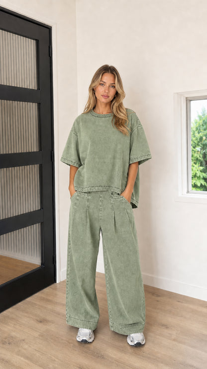 Model wearing Washed Green vintage-wash short-sleeve top and wide-leg pants matching set