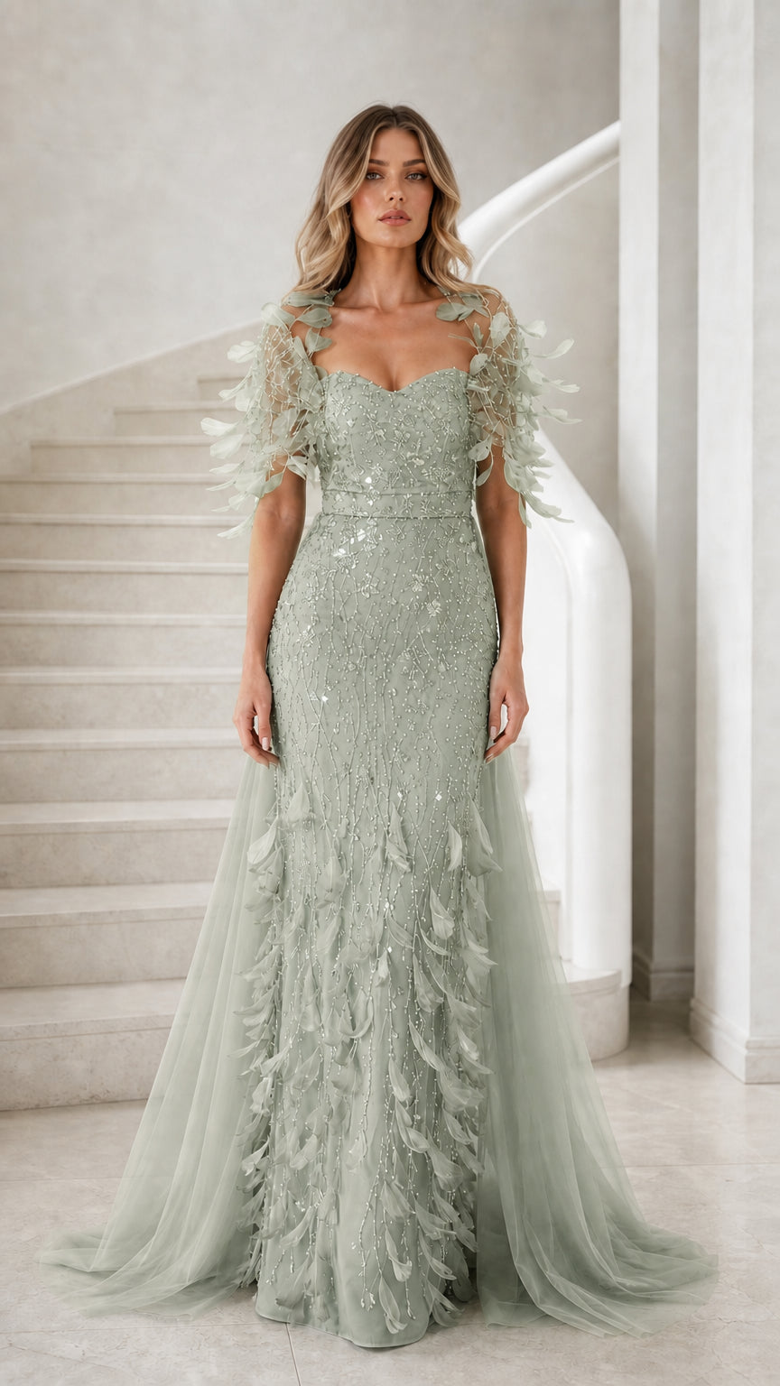 Sage green beaded evening dress with feather accents and ethereal tulle skirt