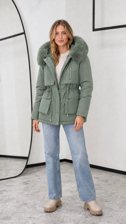 Women's sage green hooded fleece-lined parka jacket with faux fur trim