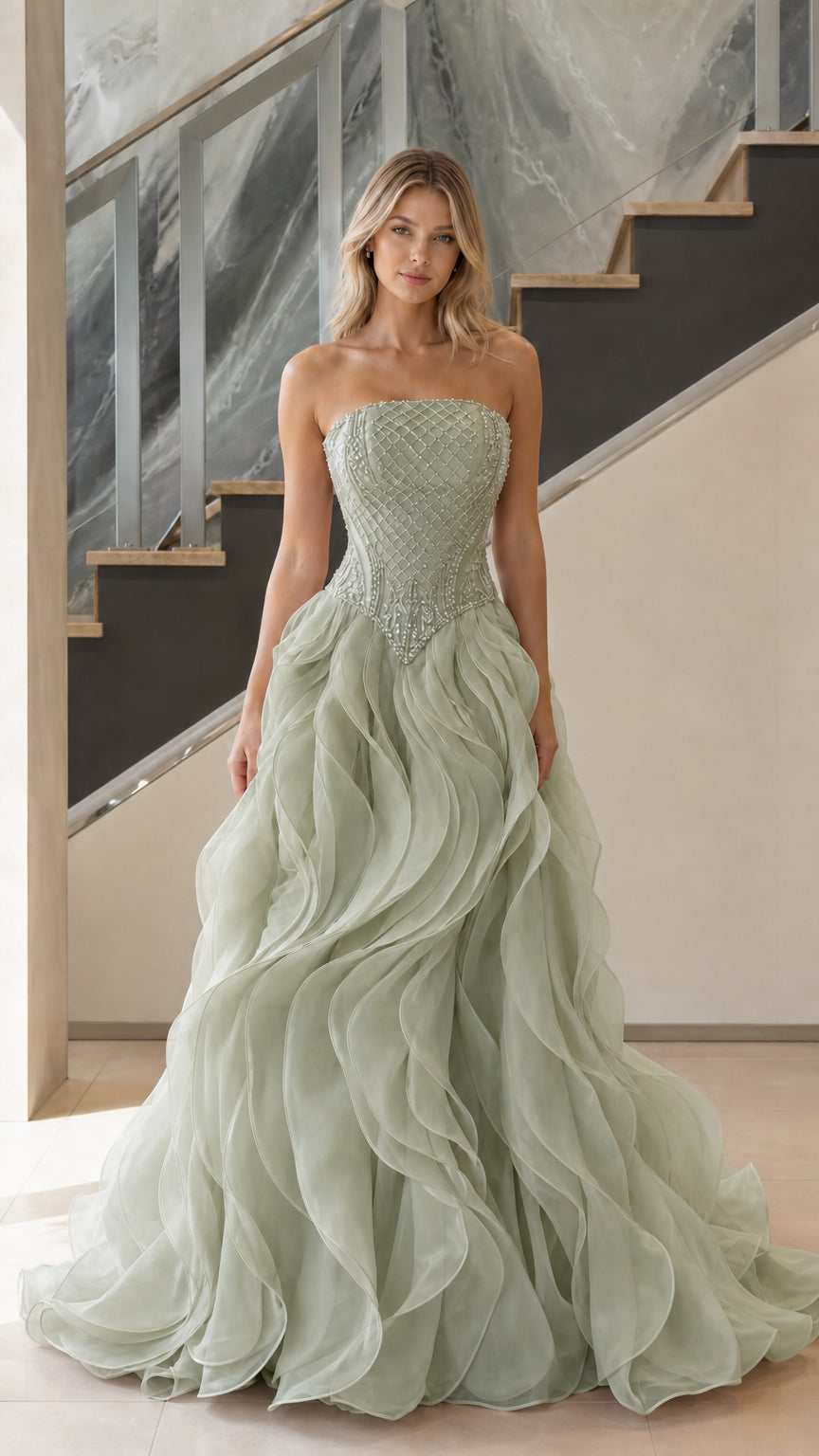 Front view of sage green strapless beaded corset ruffle evening gown