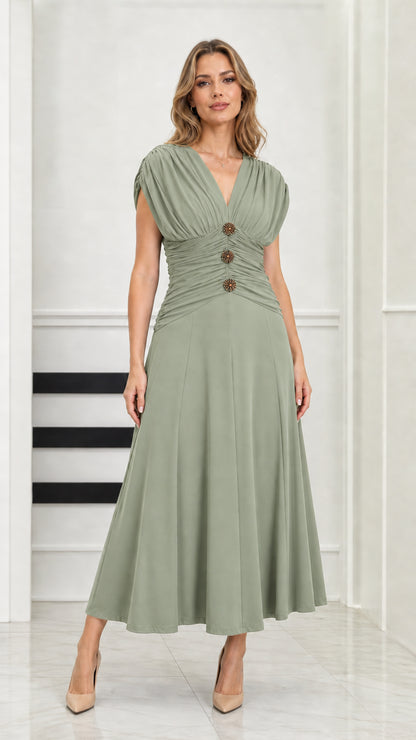 Front full-length view of model wearing sage green ruched waist V-neck midi dress