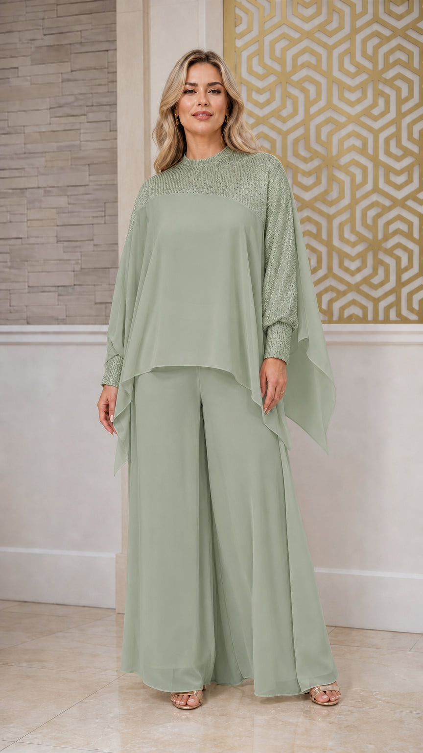 Full front view of sage green sequin cape two-piece evening pant set