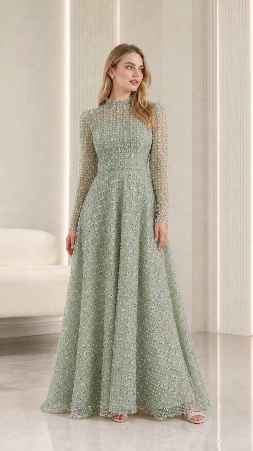 Full-length front view of sage green embellished illusion high-neck maxi evening gown