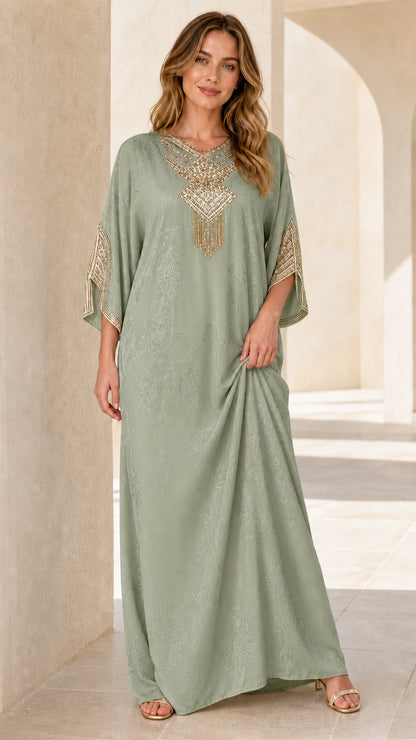 Model wearing Sage Green embellished kaftan maxi dress