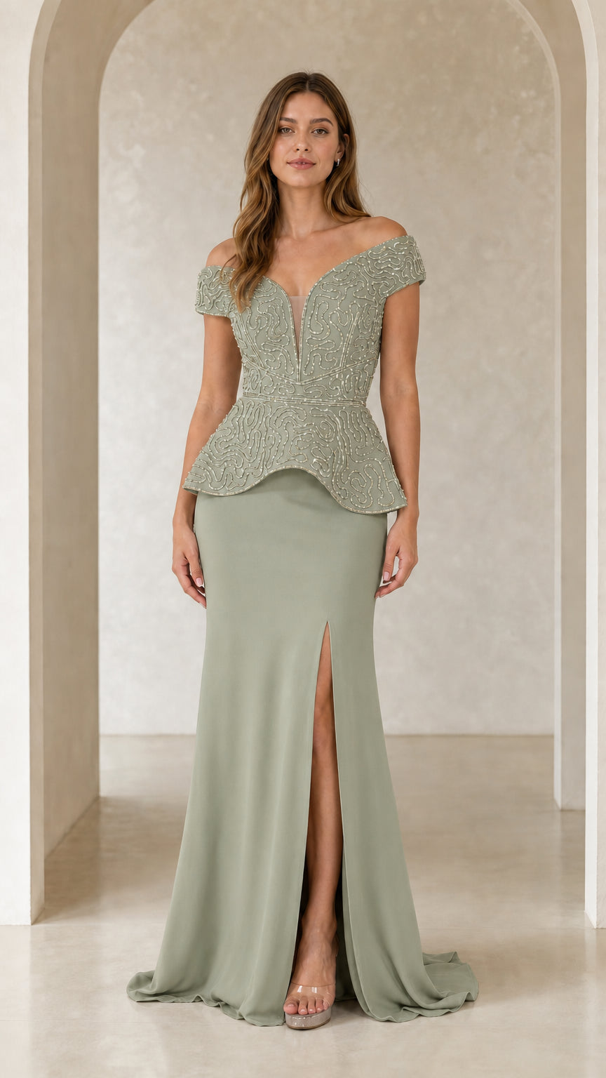 Model wearing sage green beaded peplum off-the-shoulder formal maxi gown