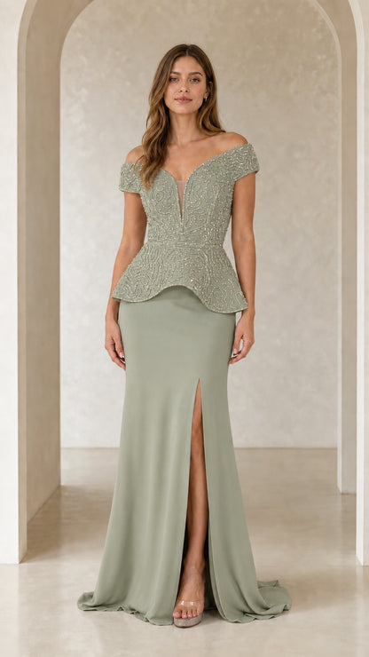 Model wearing sage green beaded peplum off-the-shoulder formal maxi gown