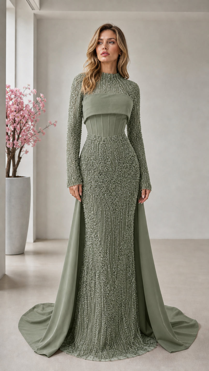 Front view of sage green embellished evening gown with high neckline and train