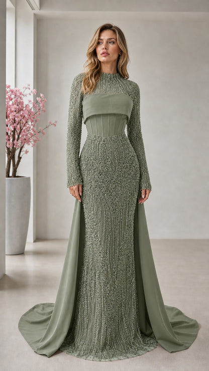 Front view of sage green embellished evening gown with high neckline and train
