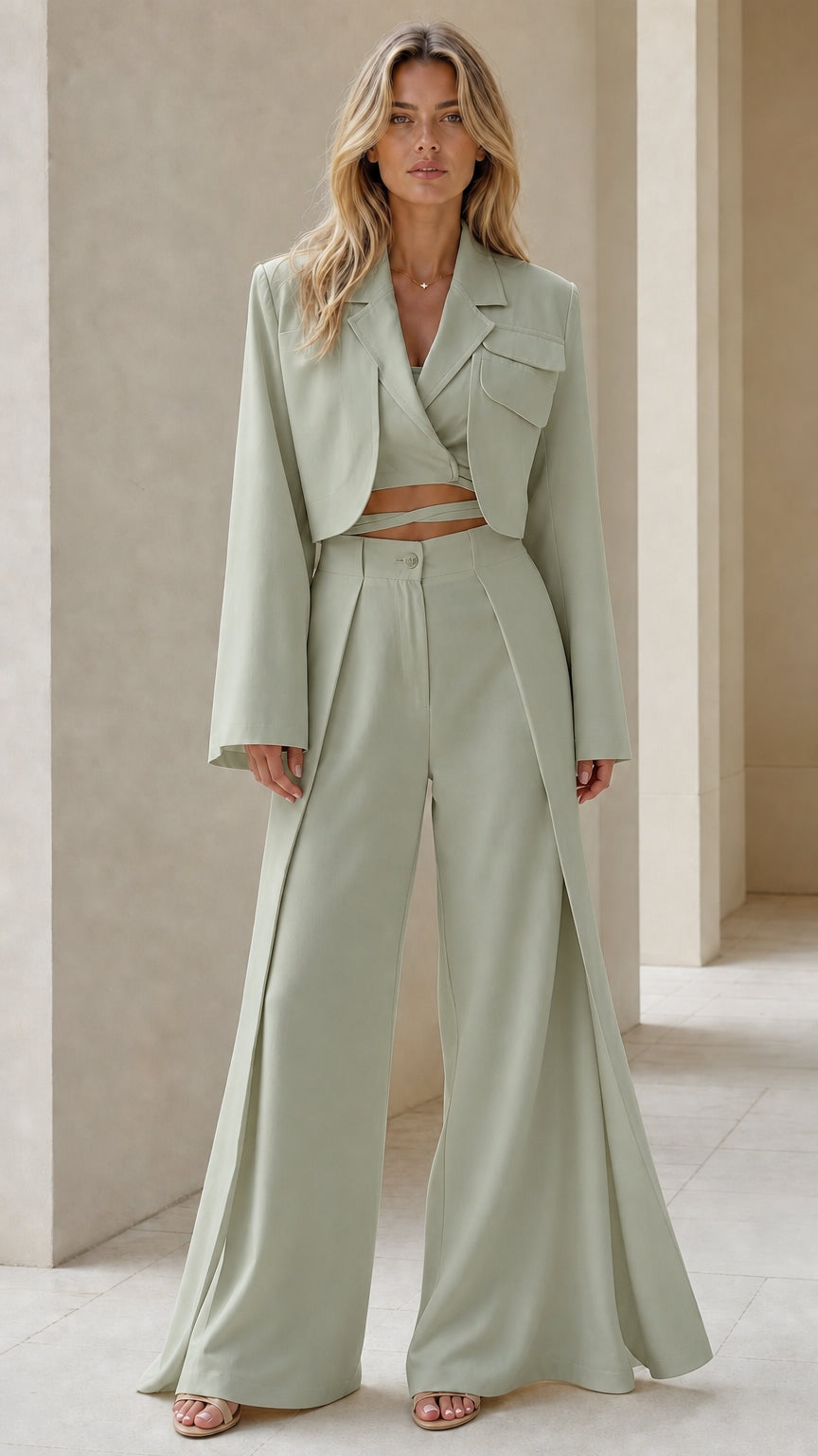 Front view of sage green tailored cropped jacket and pleated wide-leg pant set
