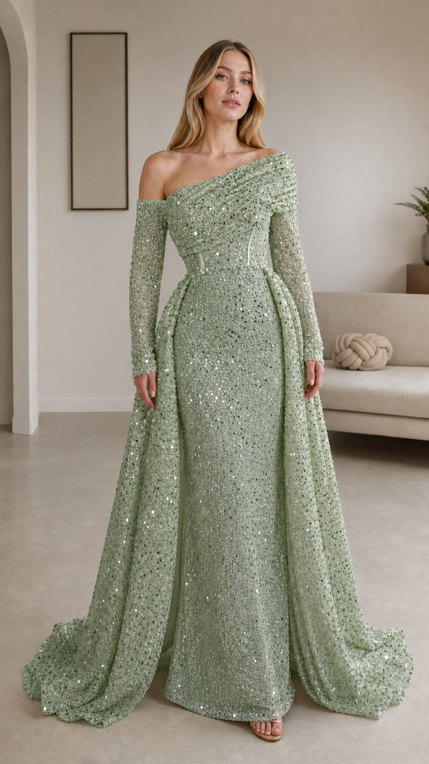 Sage green sequin asymmetrical long sleeve formal dress