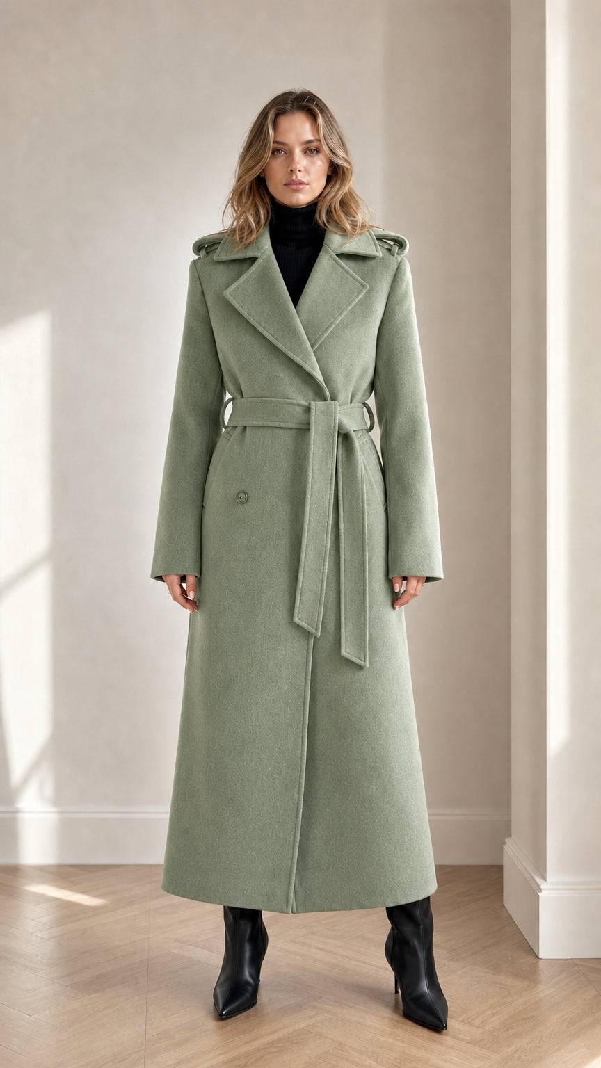 Front full-length view of woman wearing sage green maxi belted trench coat