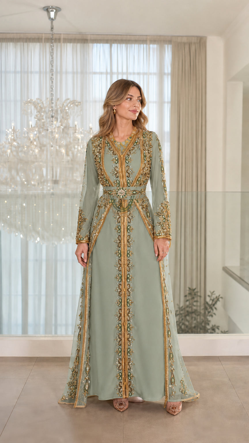 Front view of sage green beaded Moroccan kaftan evening gown with gold trim