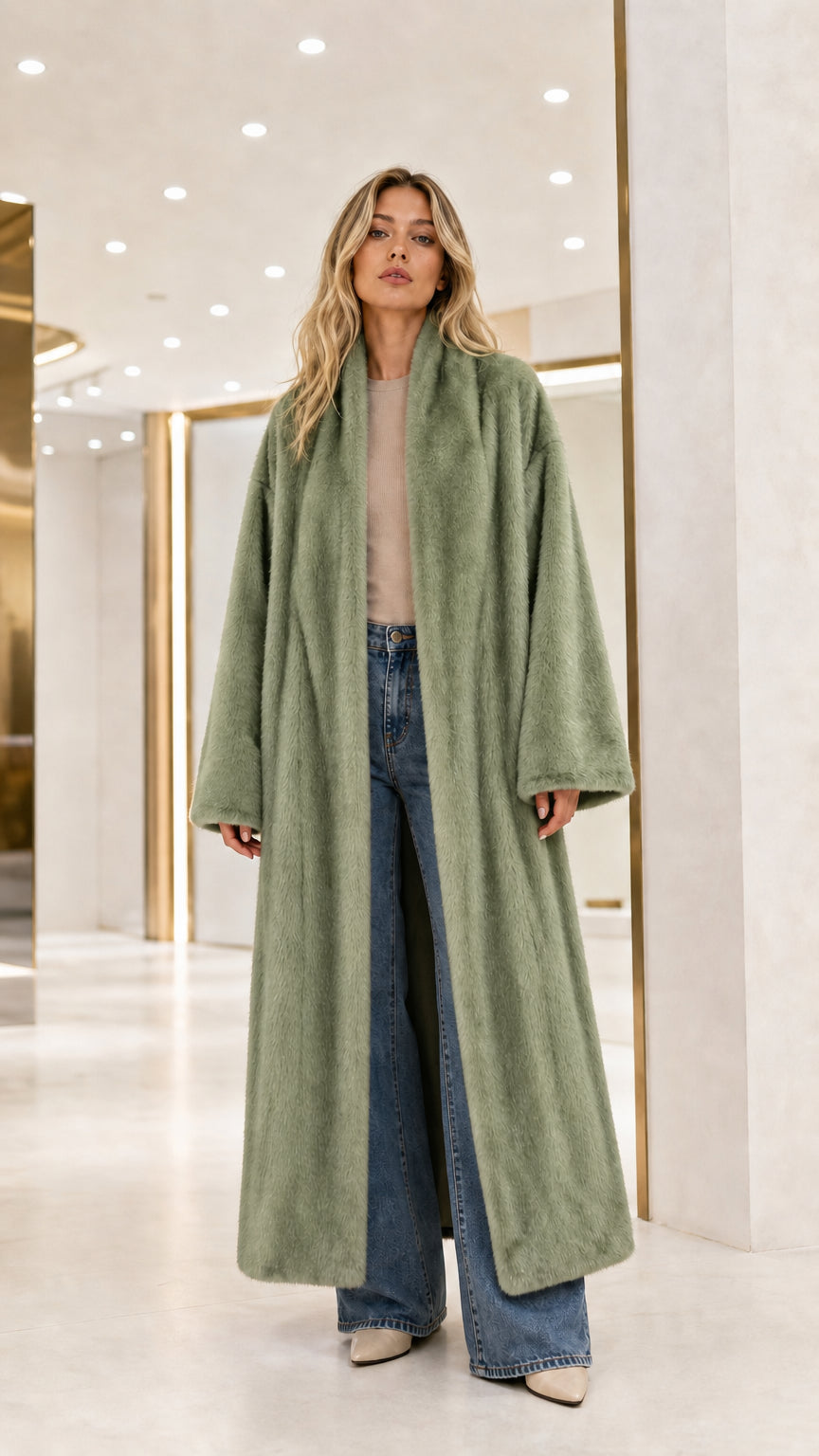 Front view of model wearing the sage green full-length faux fur coat