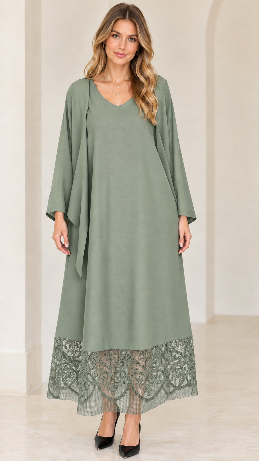 Sage green V-neck evening maxi dress with lace hem and draped cardigan
