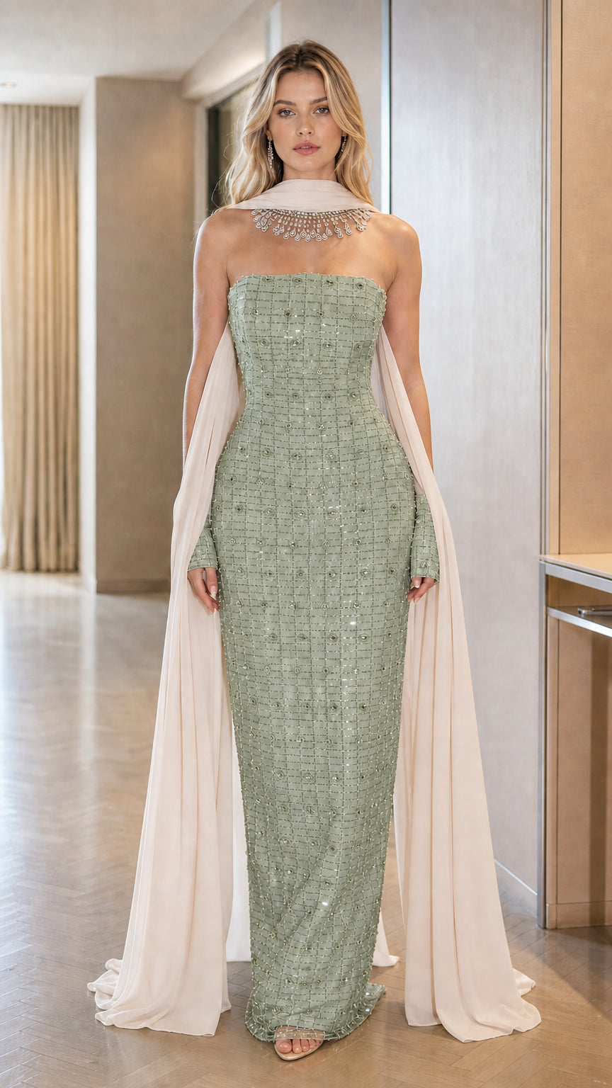 Front view of the Sage Green embellished column dress with attached drape cape