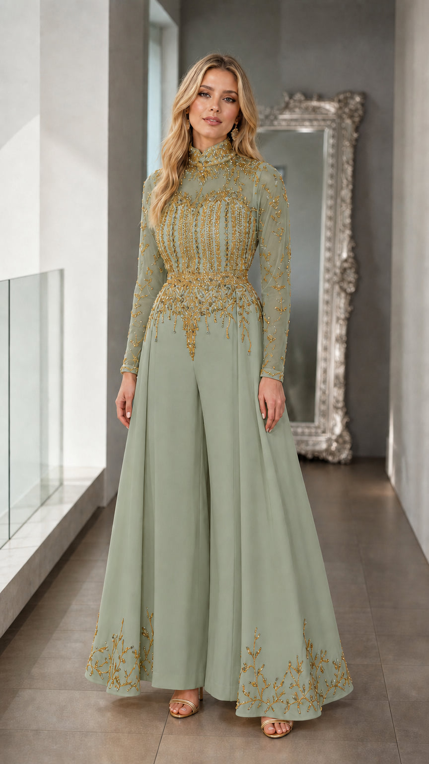 Full-length view of sage green evening palazzo jumpsuit with gold sequin details