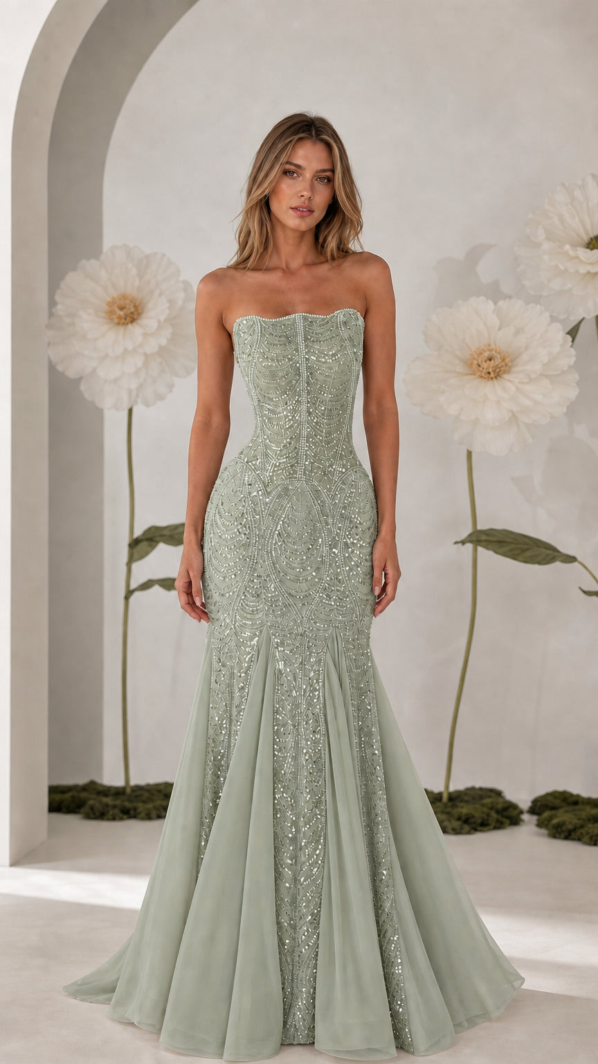 Front view of strapless sage green sequin formal evening dress