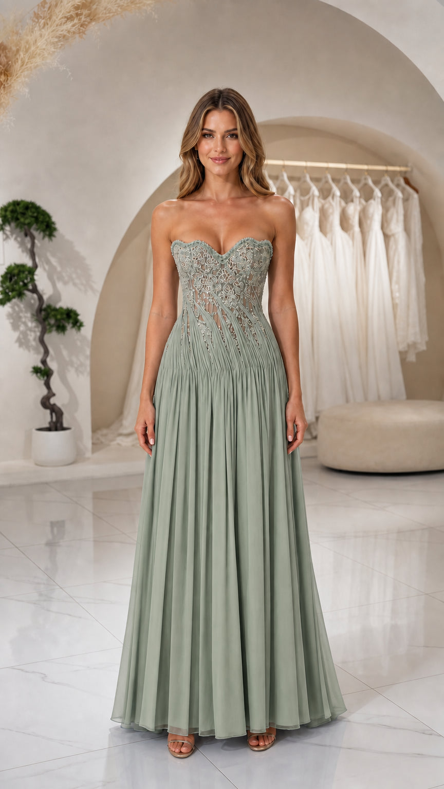 Front view of woman wearing Sage Green strapless beaded corset pleated maxi dress