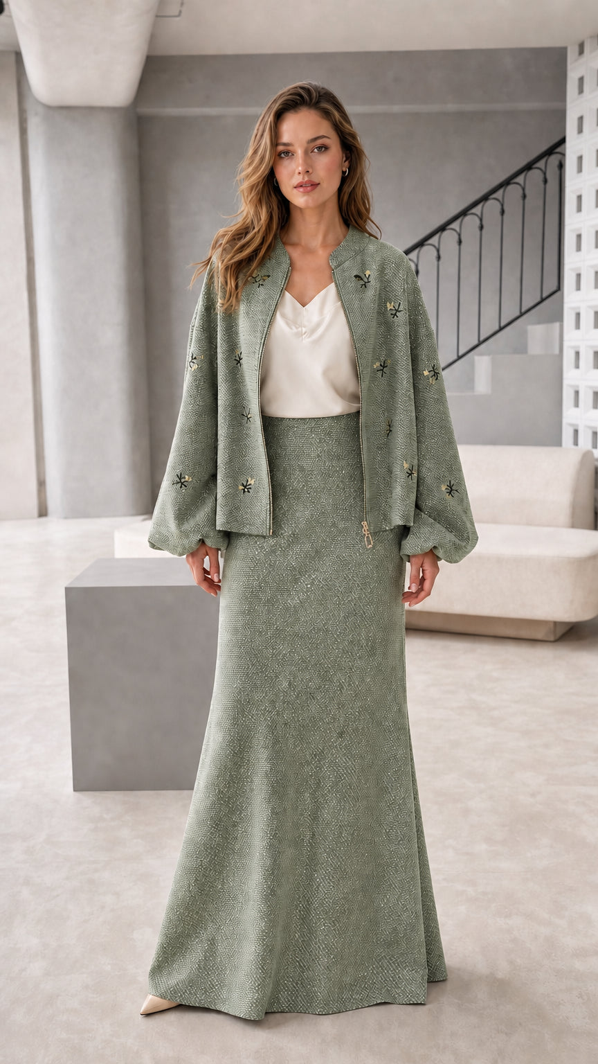 Women's embroidered jacket and maxi skirt set in sage green