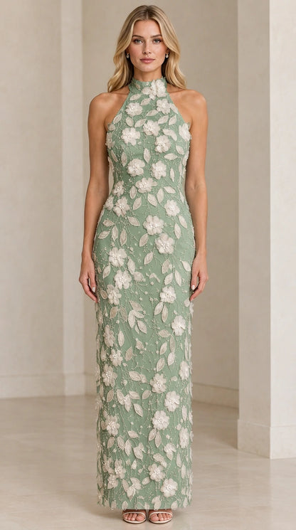Sage Green floor-length halter evening gown with textured floral embroidery