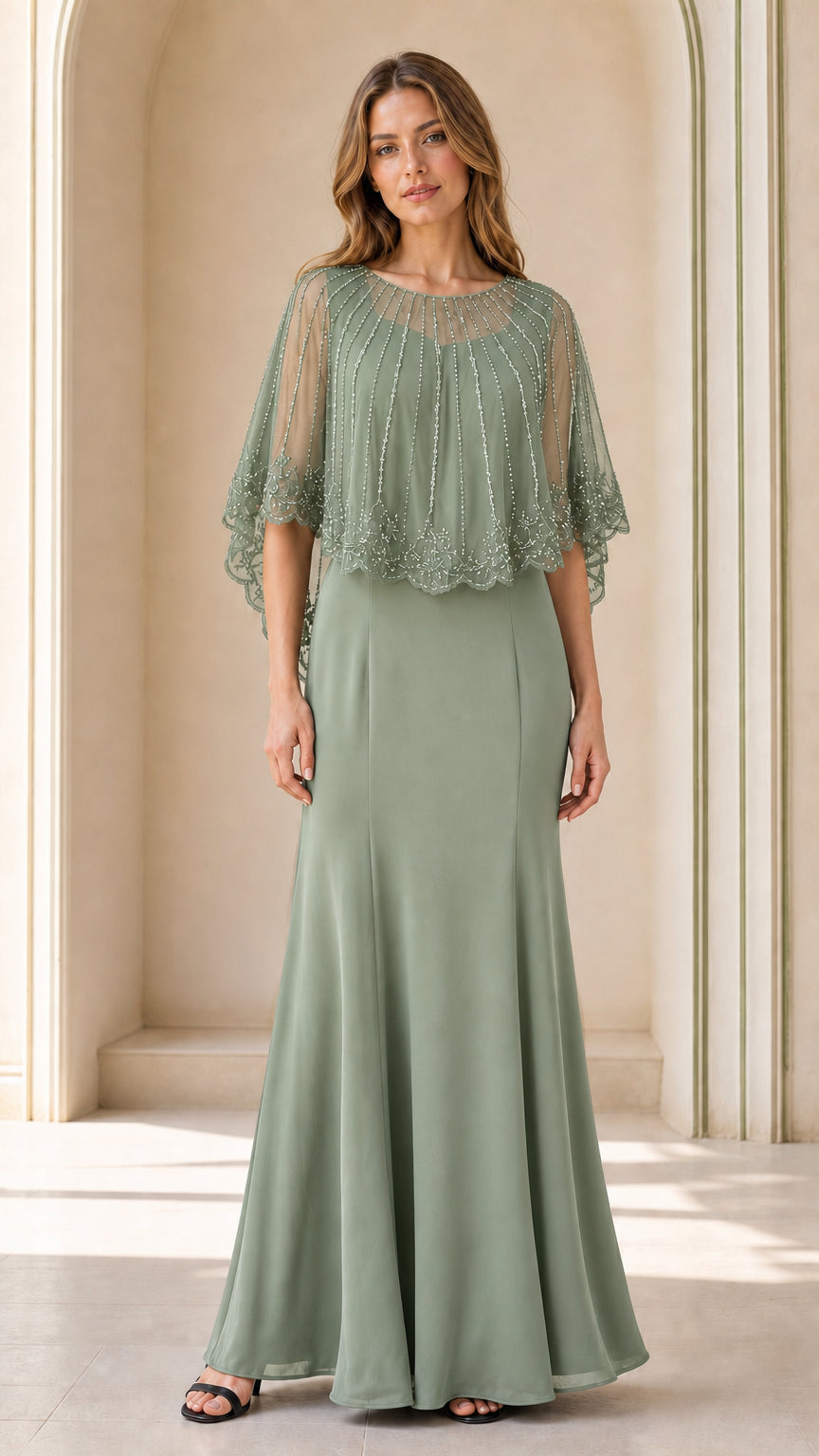 Full-length view of sage green beaded capelet evening gown