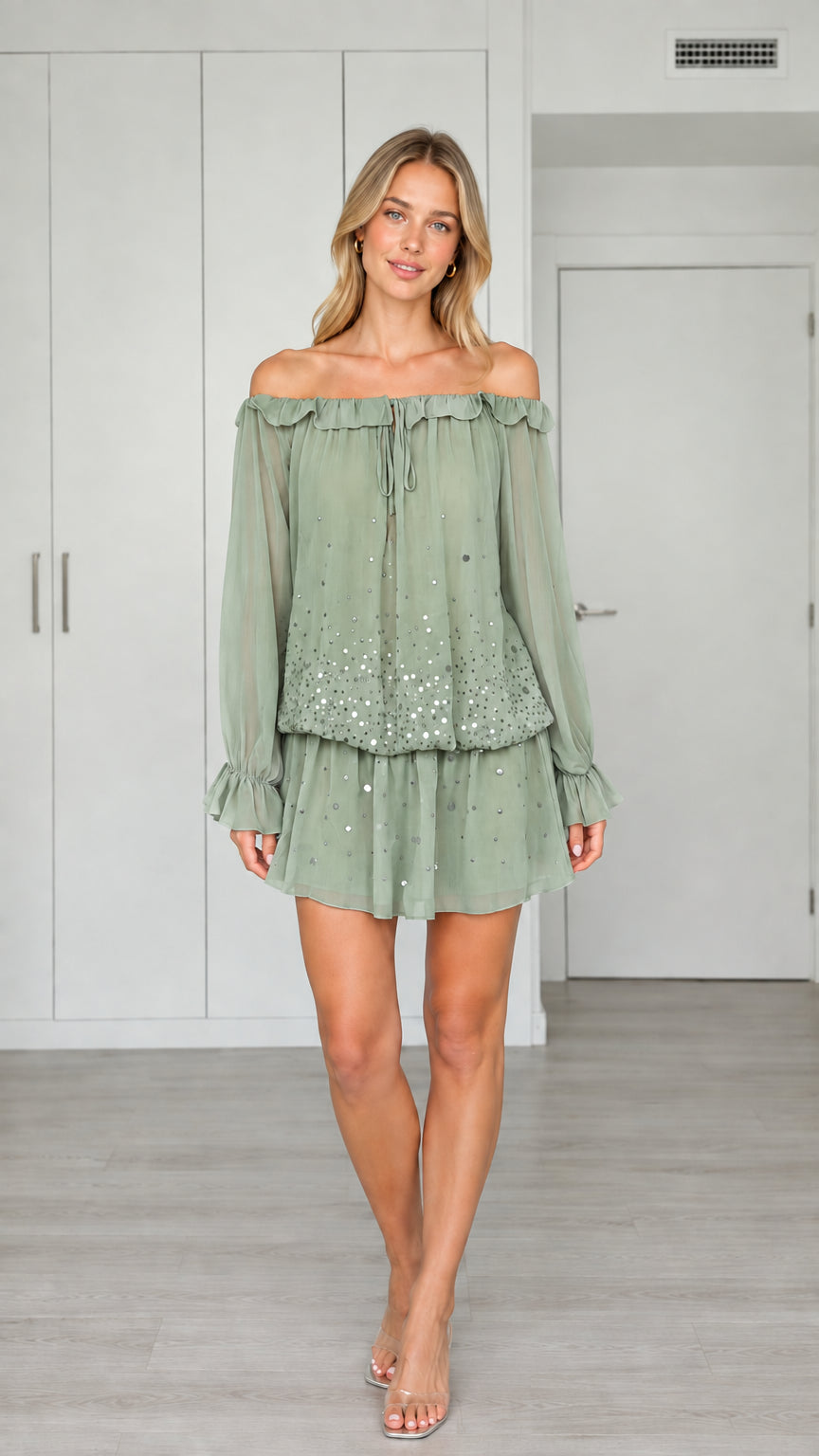 Front view of woman wearing Sage Green off-the-shoulder sequin chiffon mini dress