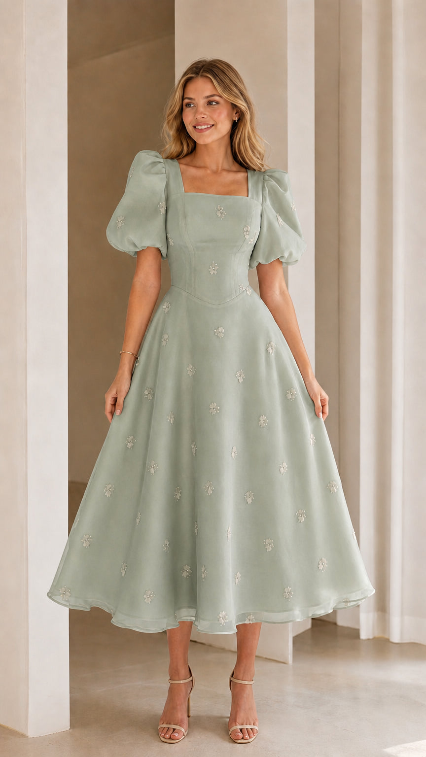 Sage green square neck puff sleeve embroidered A-line midi dress