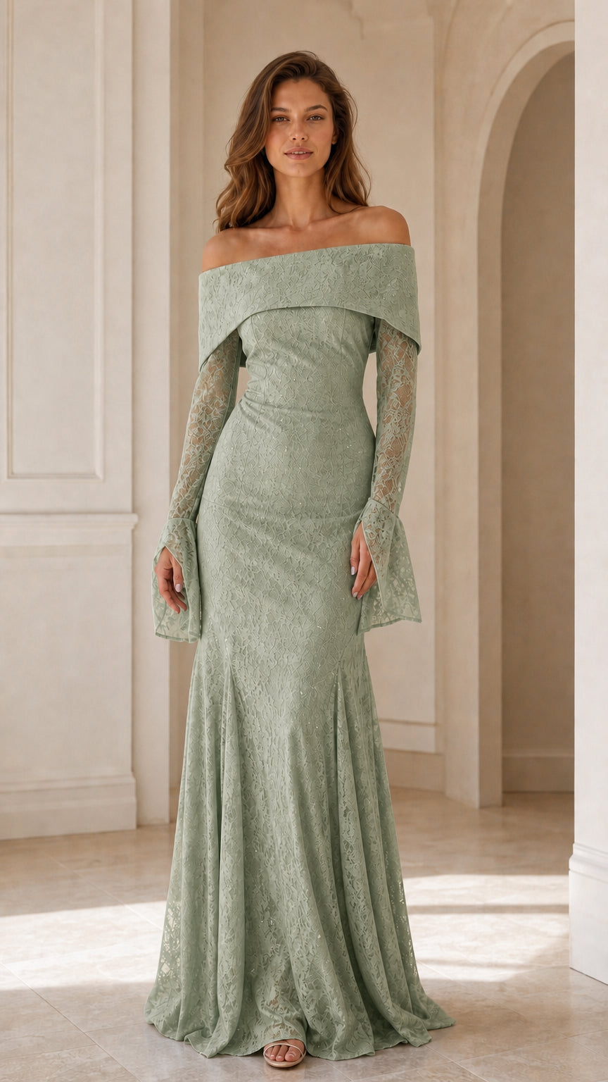 Front view of model wearing Sage Green off-the-shoulder lace formal gown
