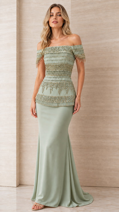 Sage green off-the-shoulder beaded peplum evening dress