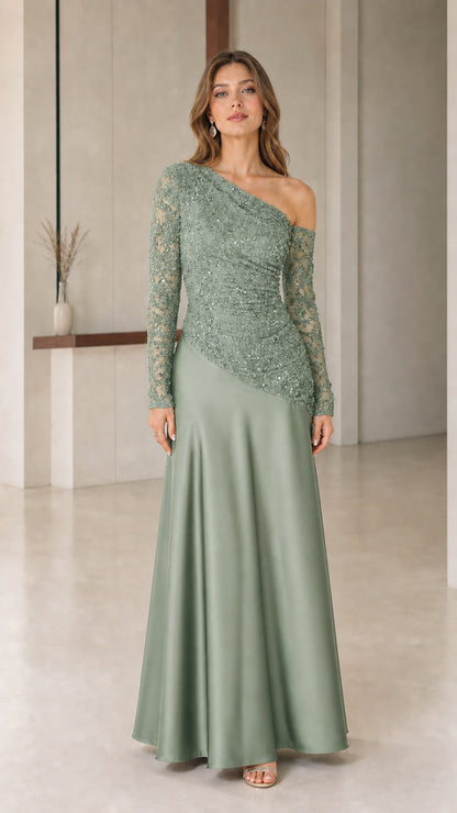 Sage green asymmetric sequin lace and satin evening dress