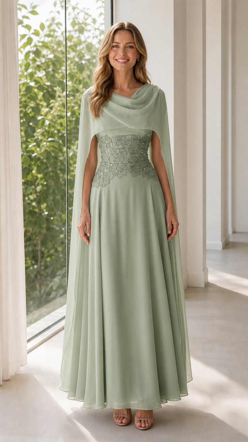 Front view of sage green chiffon cape evening gown with embroidered waist detail
