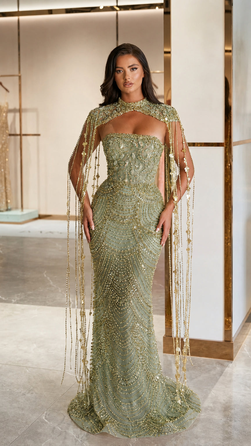 Sage green beaded mermaid formal gown with sheer fringe cape overlay