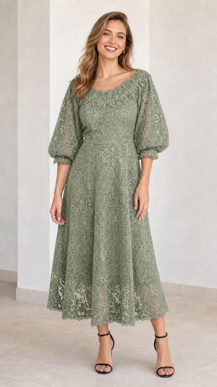 Sage green floral lace puff sleeve midi dress front view