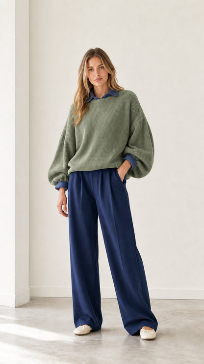 Model wearing sage green ribbed knit collared pullover sweater