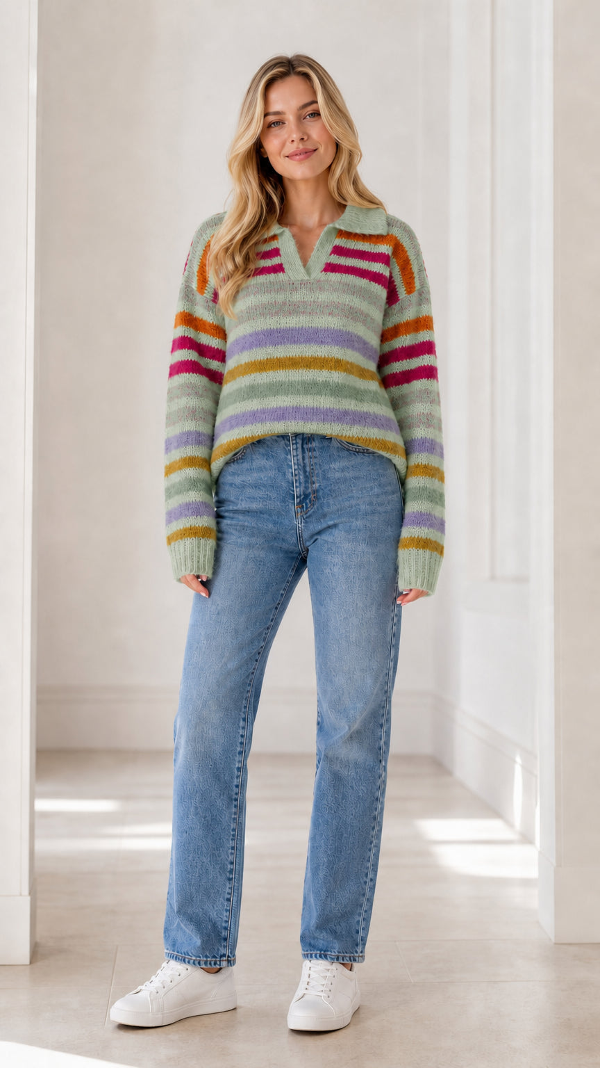 Front full view of woman wearing sage green base multicolor striped polo knit sweater