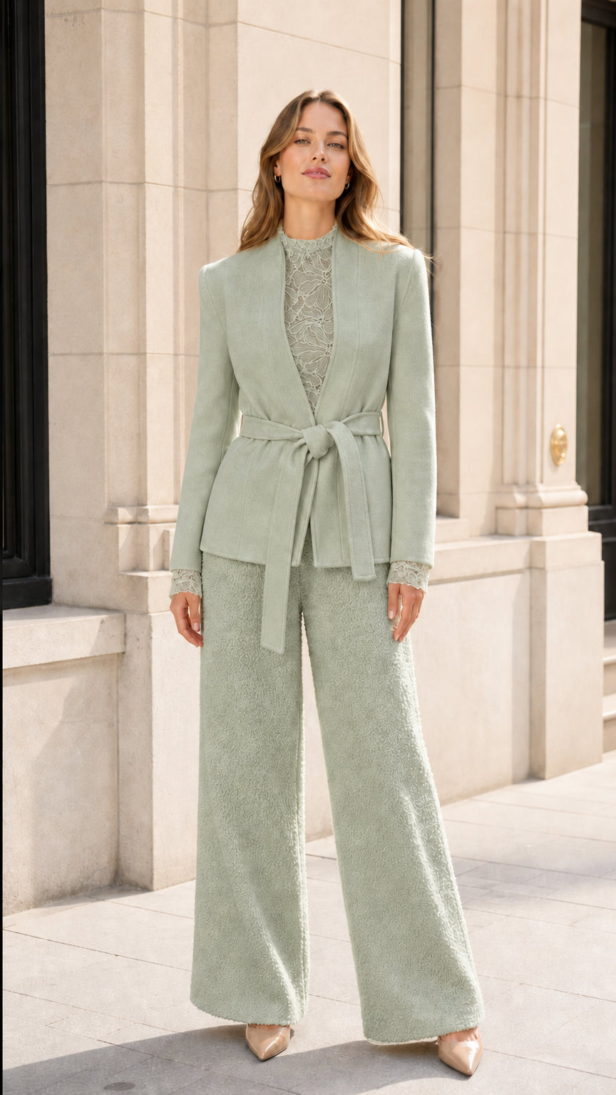 Front view of model wearing the tailored two-piece suit set in Sage Green