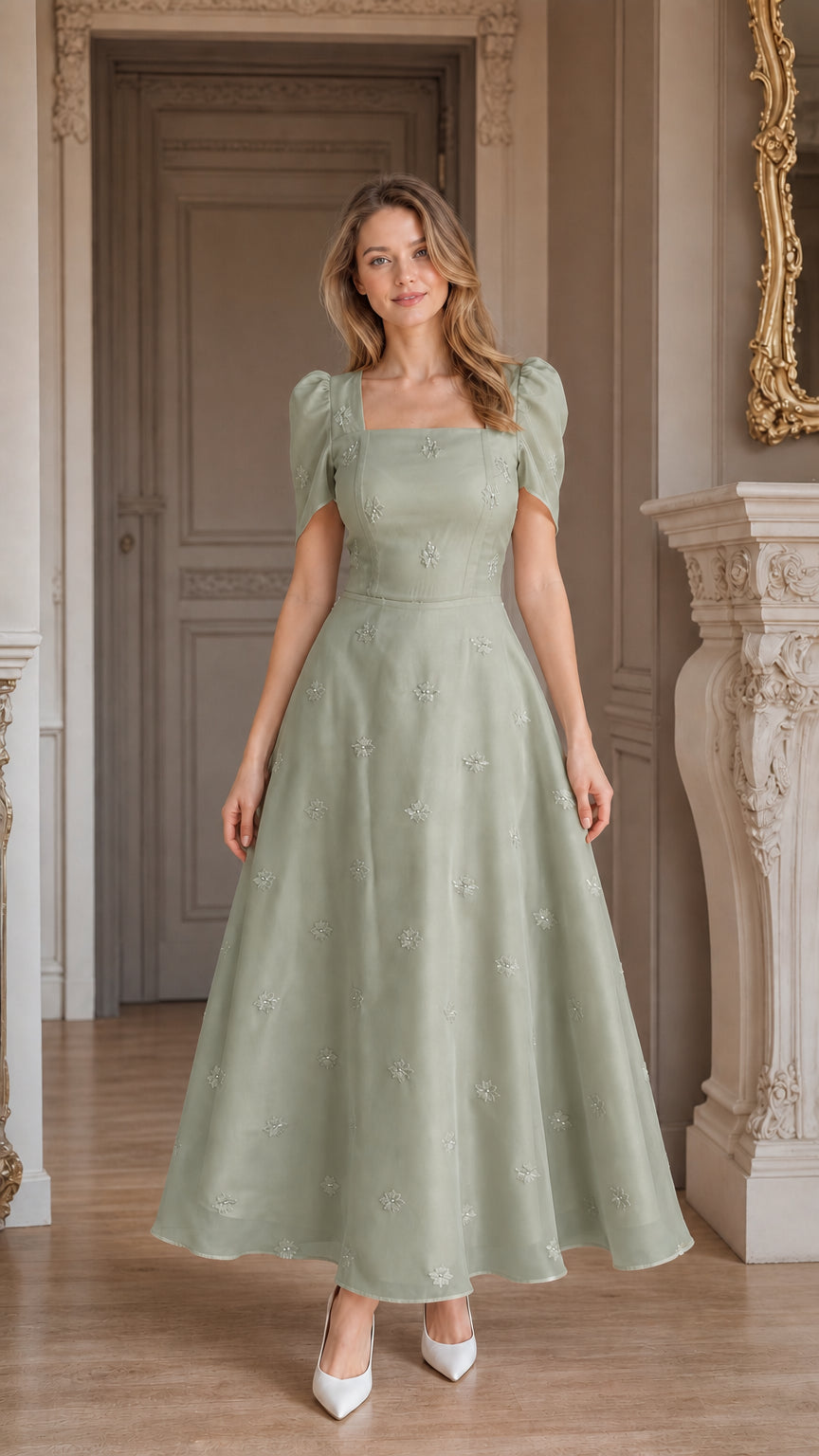 Front view of sage green embroidered puff sleeve midi dress