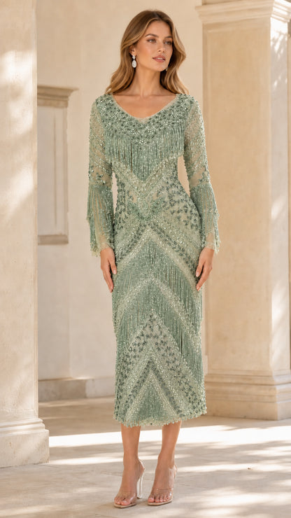 Front view of model wearing Sage Green beaded fringe long sleeve evening midi dress