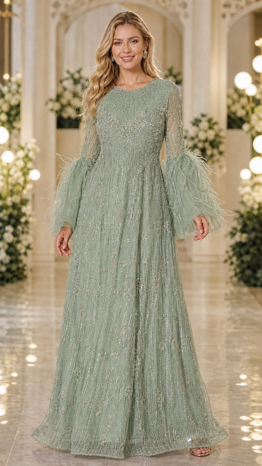 Sage green beaded A-line gala dress featuring feather bell sleeves