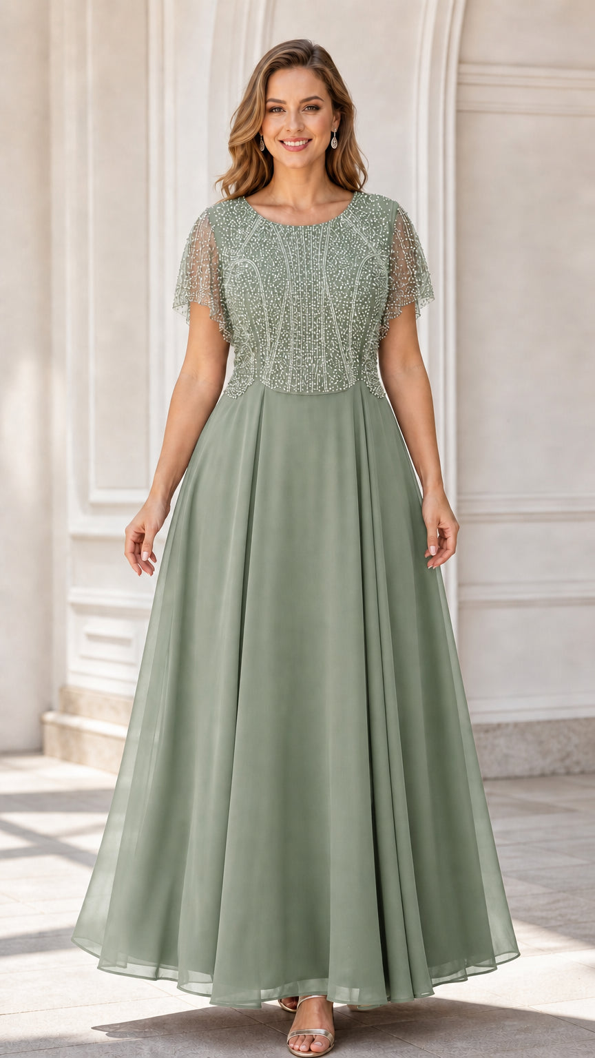Front view of model wearing sage green flutter sleeve beaded evening maxi dress