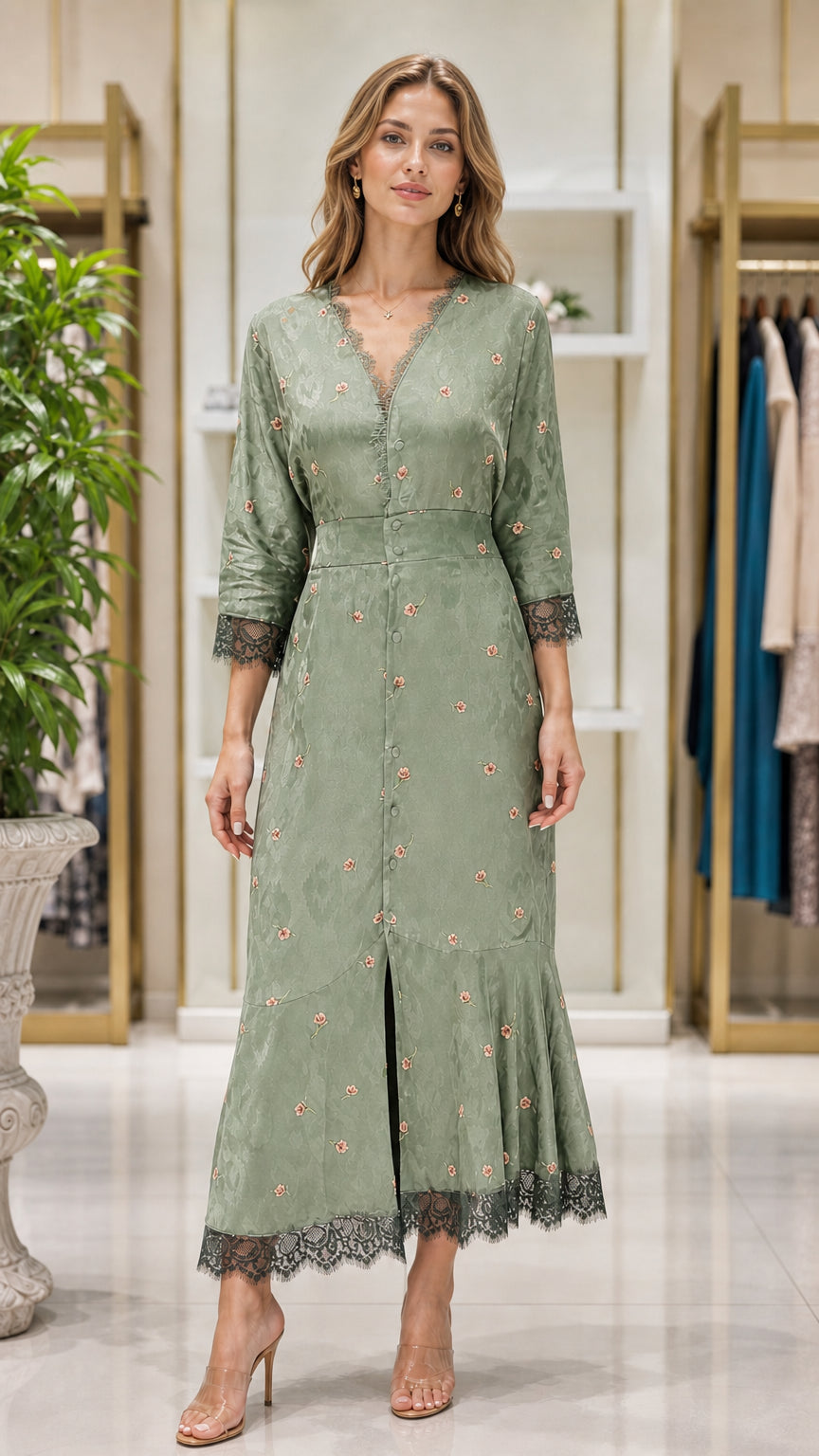 Sage green floral jacquard lace-trimmed midi dress on model