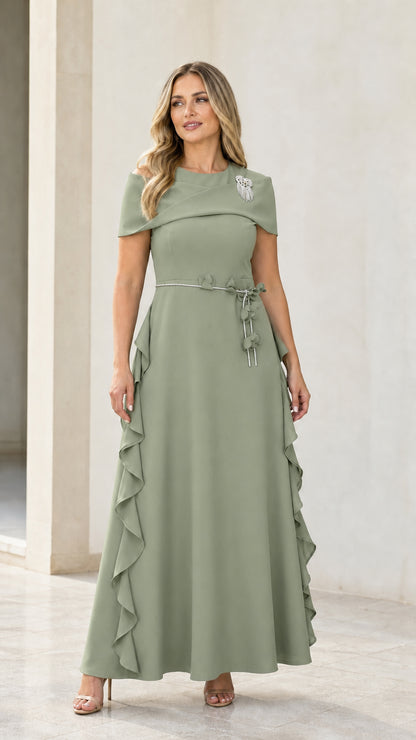 Sage green draped fold-over neckline evening maxi dress