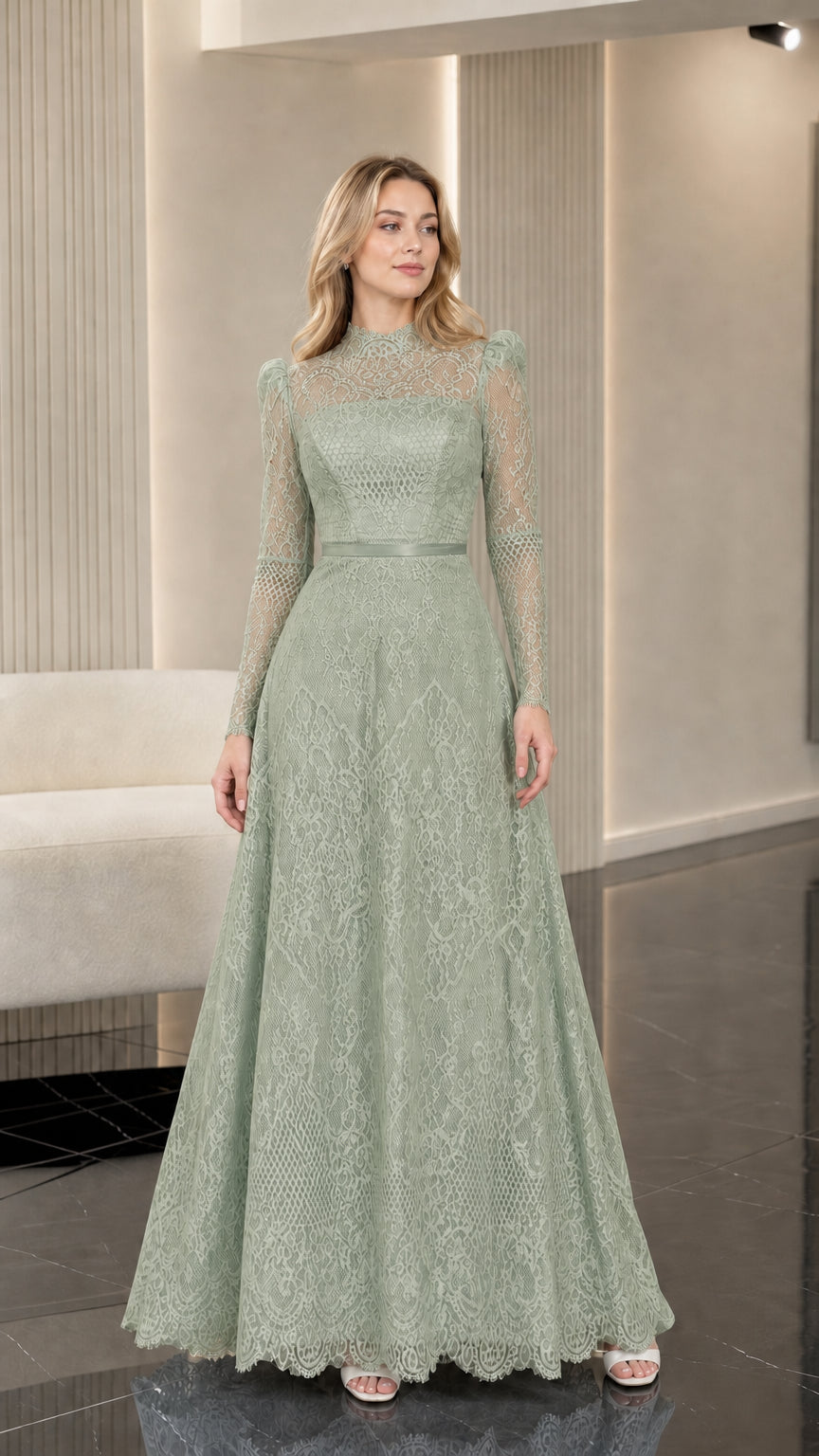 Full front view of sage green lace formal evening gown
