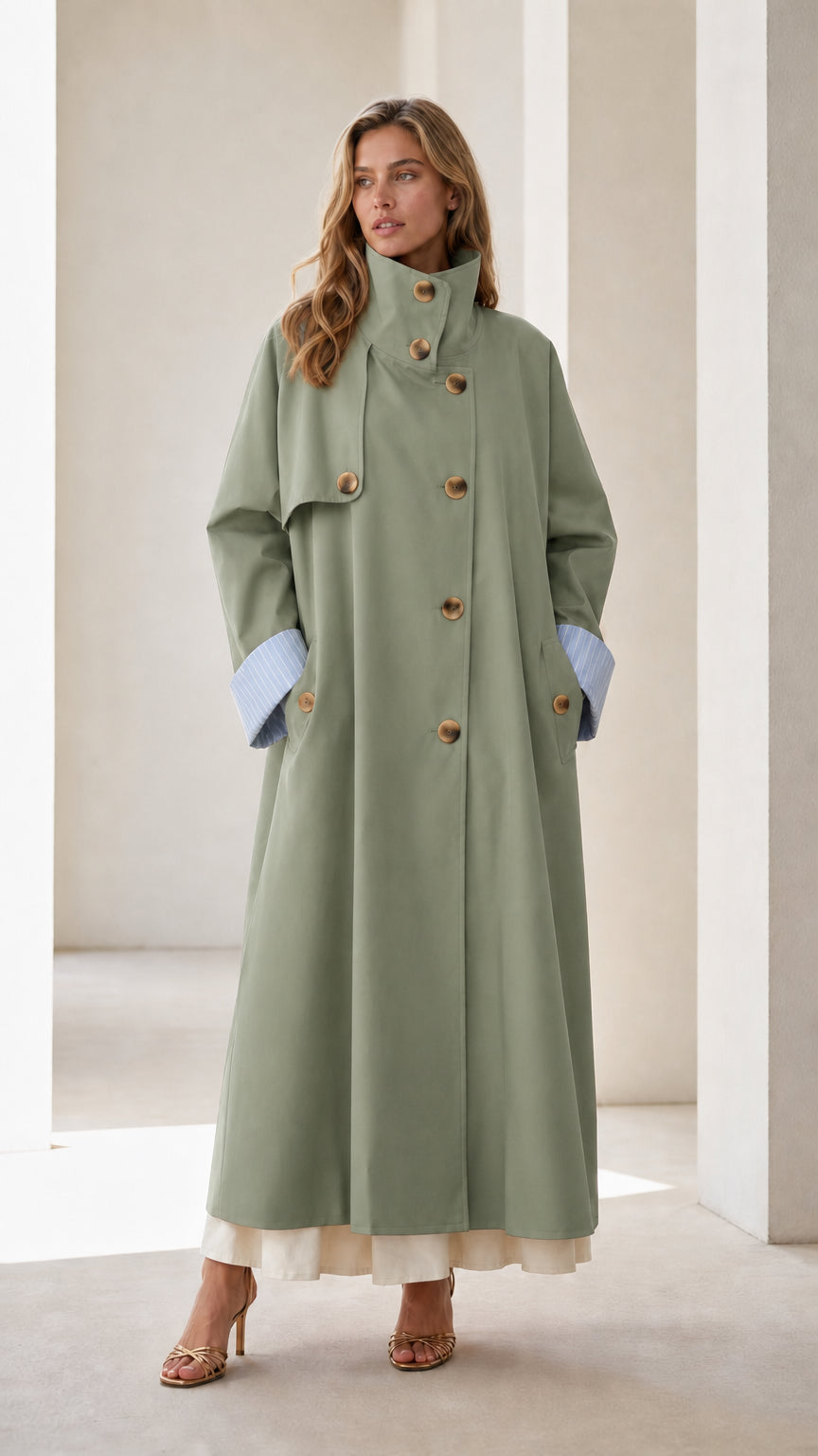 Full-body view of woman wearing a sage green long trench coat