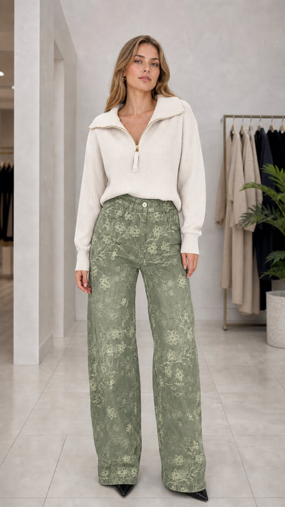 Full front view of Sage Green floral embroidered wide leg pants