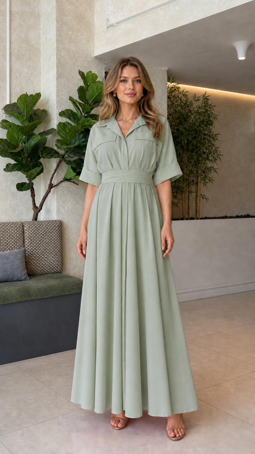 Front full view of woman wearing sage green short sleeve pleated maxi dress
